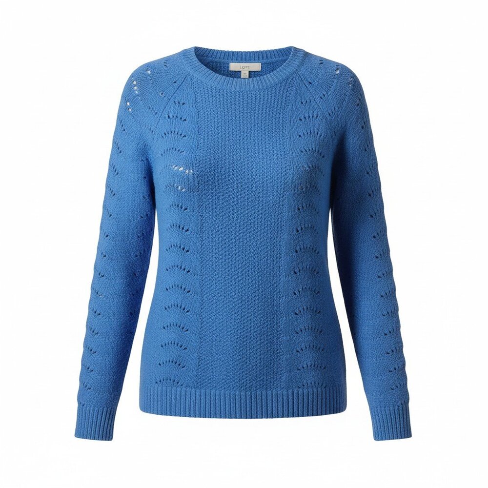 LOFT Blue Pointelle Sweater Womens M Crew Neck Lightweight Long Sleeve Knit Top